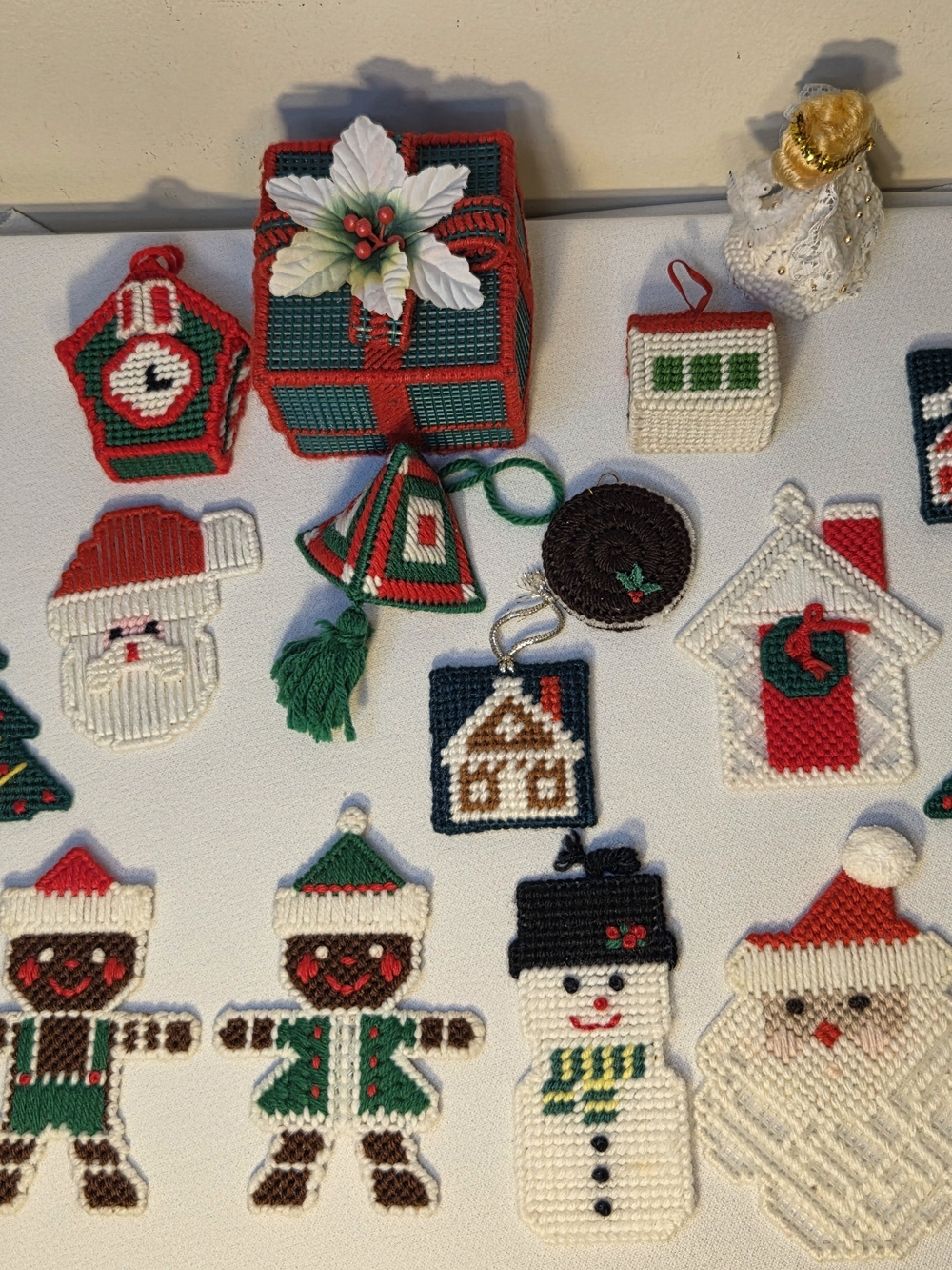 18 Vintage  Plastic Canvas Christmas Ornaments Lot - Santa Snowman Gingerbread